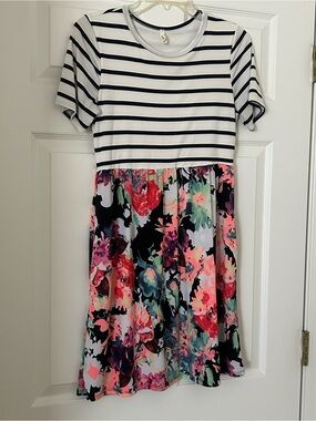 Beeson River White & Black Striped Top with Multicolor Floral Skirt